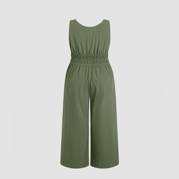 Square neck lace up ruched jumpsuit olive green 1X - Picture 2 of 11